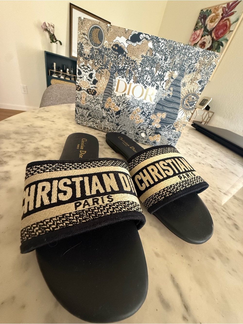 Dior Black and Natural Embroidered Logo Slide Mules